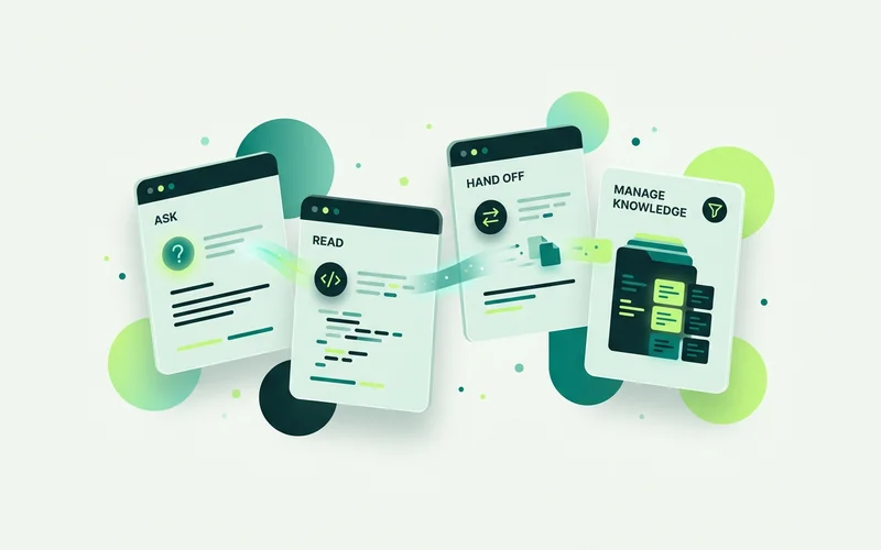 API capabilities shown as labelled cards: ask, read, hand off and manage knowledge