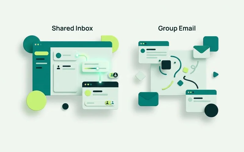 A comparison table of shared inbox versus group email across ownership, history and handoff