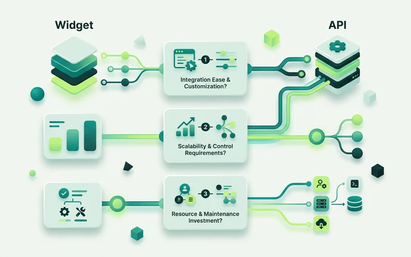 A decision graphic for choosing between the widget and the API, with three guiding questions