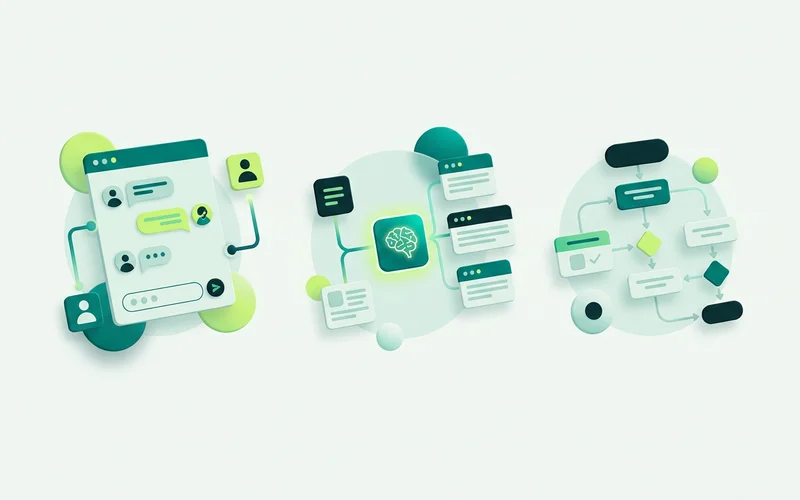 A simple comparison diagram of live chat, AI answers and guided flows