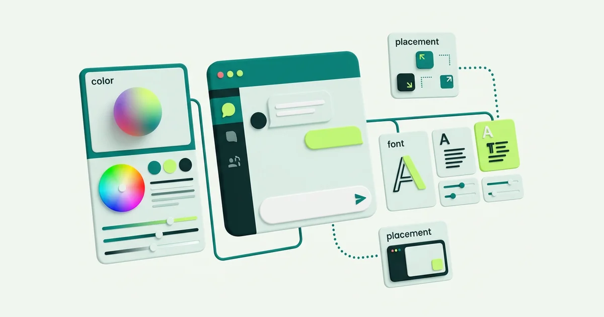 A chat widget with visible style controls for colour, font and placement