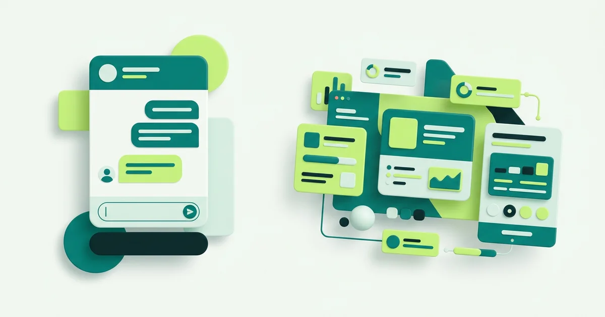 A split illustration of a drop-in chat widget beside a custom API-built interface