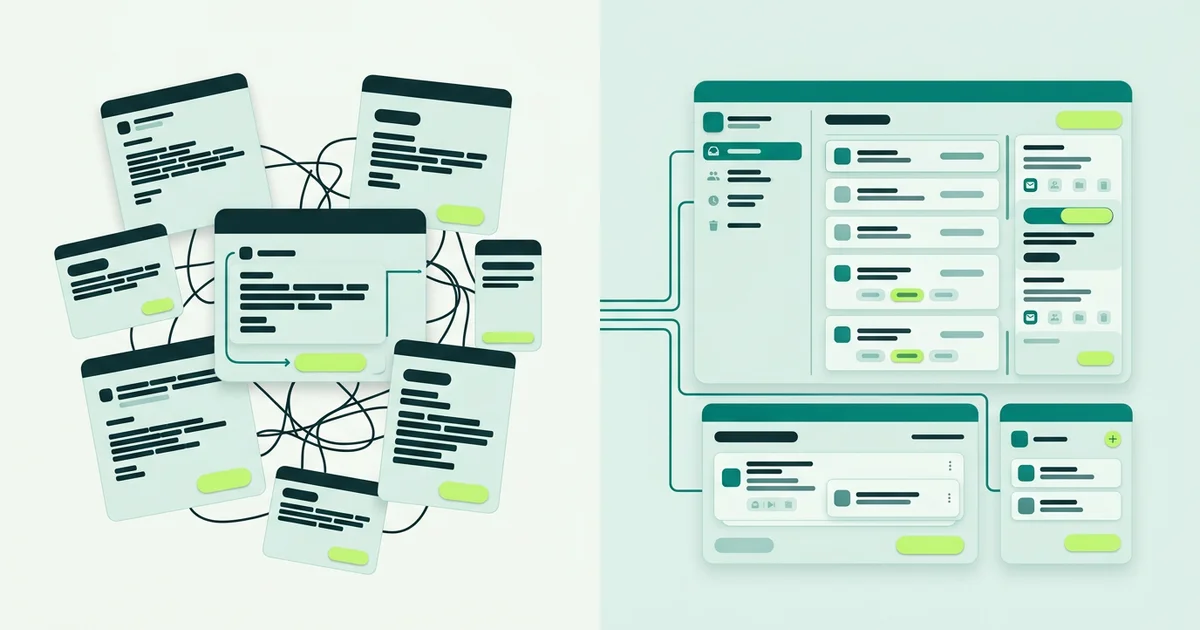 A split illustration of a messy shared email beside an organised shared inbox