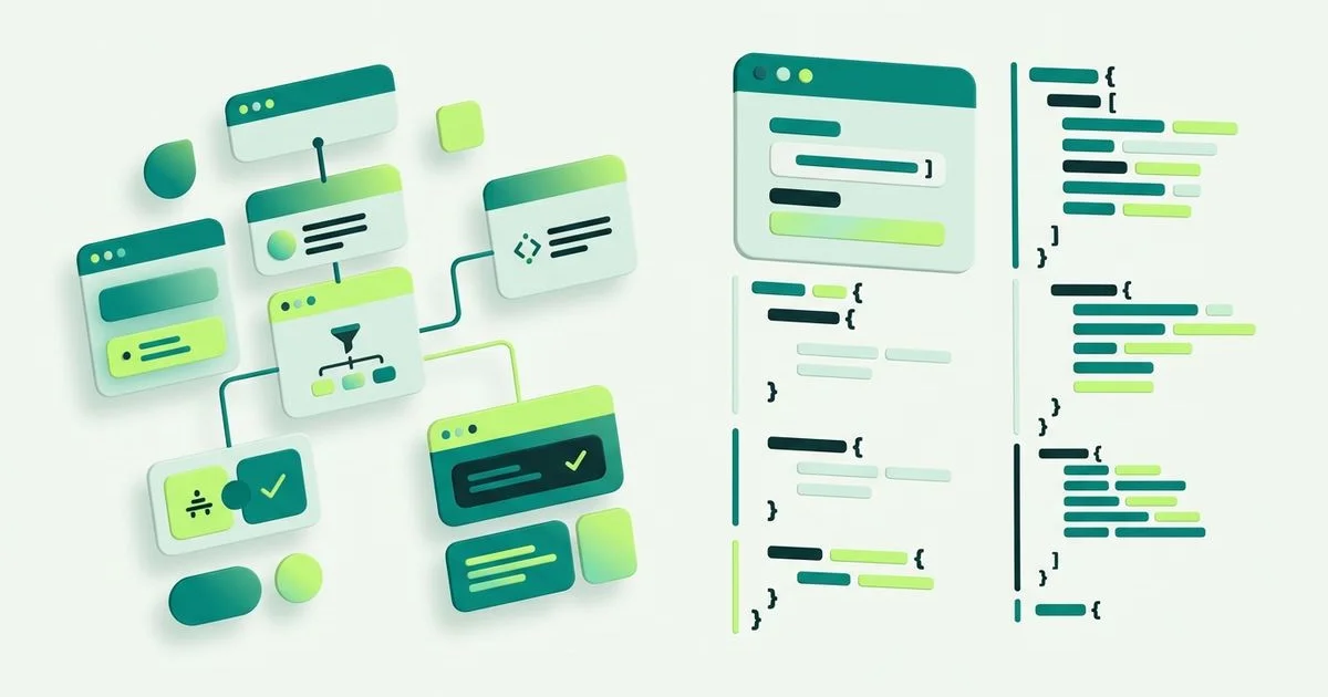 A split illustration with a visual flow canvas on one side and lines of chatbot code on the other
