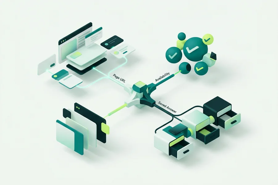 A branching node splitting a conversation by page URL, by availability and by saved answer