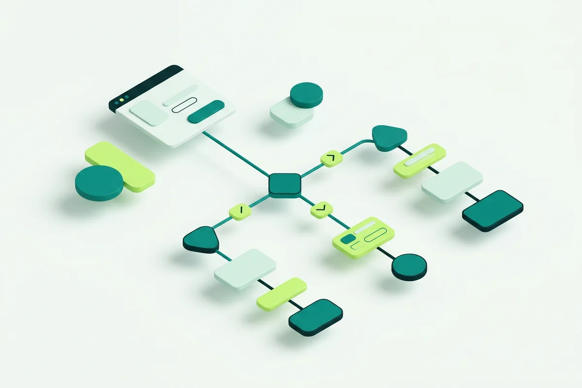A drag-and-drop conversation flow canvas with connected step blocks branching into three paths