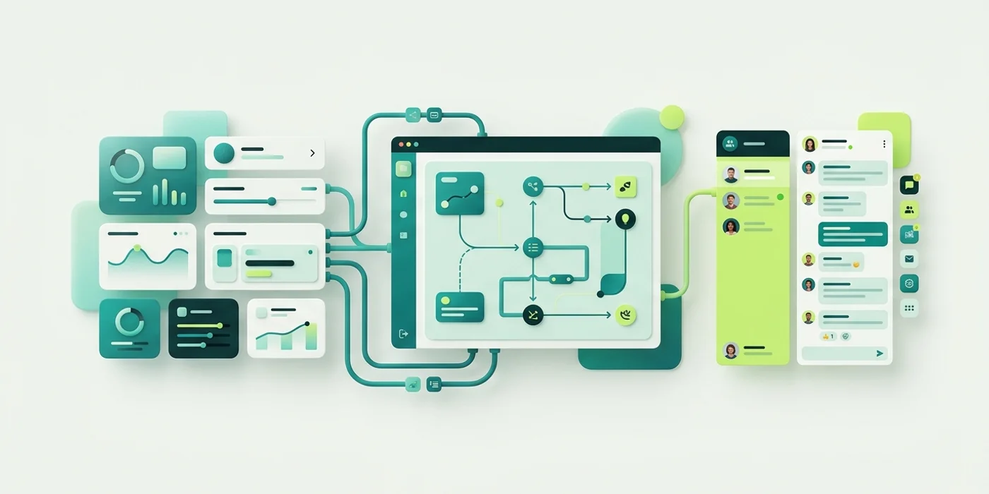 A grounding control panel, a flow canvas and a team inbox arranged as one connected system