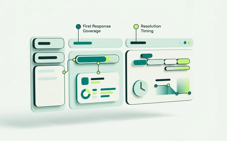 A report row annotated to show first-response, coverage and resolution timing columns