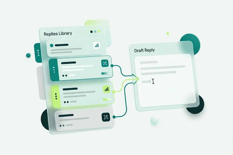 A saved replies library with shortcuts being inserted into a draft reply