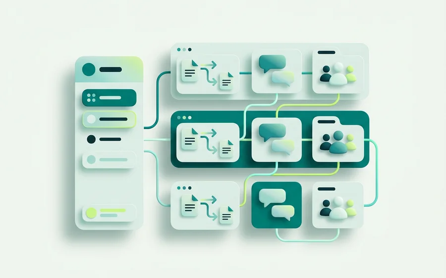A site switcher panel showing separate knowledge, flows, conversations and team per site