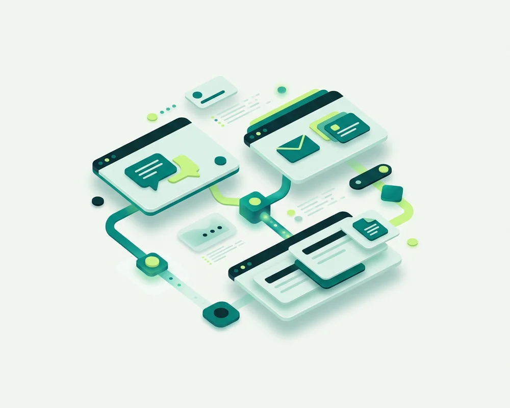 A small team workspace with a chat widget, knowledge base and shared inbox connected together